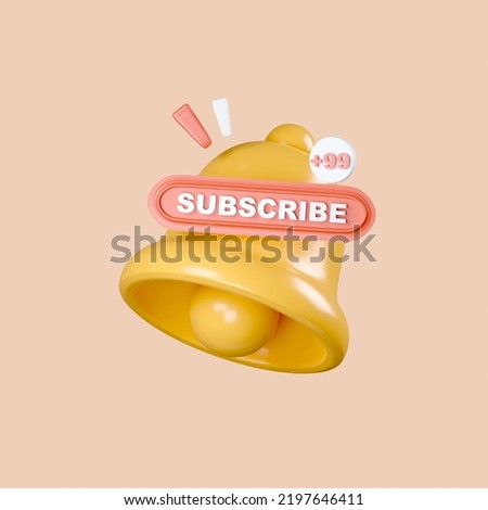 3D Notification and Subscribe bell realistic elements with clipping path. 3D Rendering.