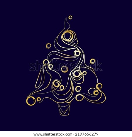Golden Christmas tree on dark blue background Abstract art line drawing vector illustration.Christmas and New Year card templates.Winter art design. greeting cards.Creative design.Christmas tree 