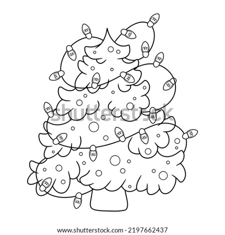 Coloring Page Outline Christmas tree with toys and garland.  Christmas decoration. Coloring anti stress for adults and children. Doodle ornament in black and white. Hand draw illustration.