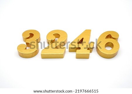  Number 3246 is made of gold-painted teak, 1 centimeter thick, placed on a white background to visualize it in 3D.                                         