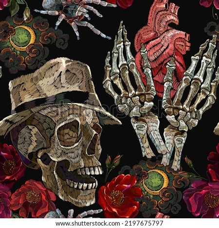 Dead noir detective in hat, skull, skeleton hands, anatomical heart, gothic moon and roses. Seamless pattern. Embroidery art. Template for clothes, textiles, t-shirt design Romantic gothic background