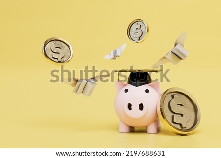 expensive tuition. a piggy bank in a master's hat next to books with wings. 3d render.