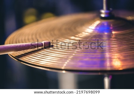 Close up of a drum cymbal, part of a drum kit copy space.