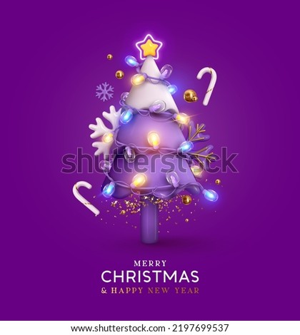 Christmas sparkling bright tree. Merry Christmas, Happy new year. Realistic 3d design of objects, light garland, snowflake, candy cane, purple colors composition. Lilac background. Vector illustration