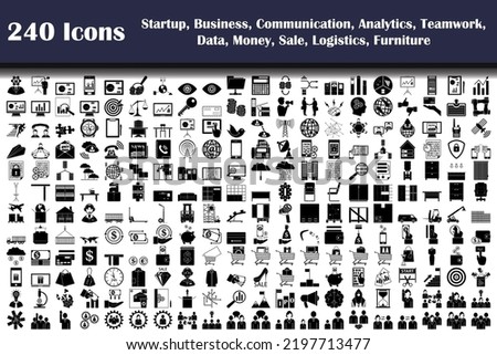 240 Icons Of Startup, Business, Communication, Analytics, Teamwork, Data, Money, Sale, Logistics, Furniture. Fully editable vector illustration. Text expanded.