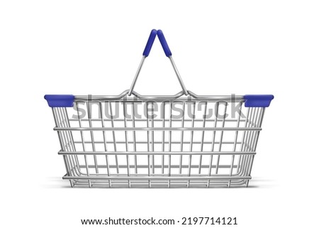 Metal supermarket basket. 3d shop cart with silver chrome wire, hypermarket equipment empty square baskets for wholesale purchase product in grocery market vector illustration of basket to buy in shop Royalty-Free Stock Photo #2197714121