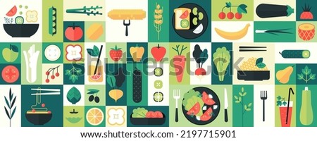 Abstract geometric organic vegetable food background. Fruits and vegetables, cold drinks, kitchen plants, noodles and salad, geometry farm eating, healthy lifestyle. Vector flat icons Royalty-Free Stock Photo #2197715901