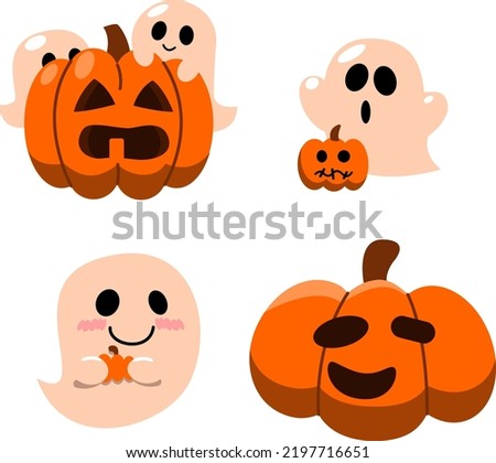 Halloween ghosts and pumpkins with evil smiles. Vector clip art illustration with simple gradients. Each on a separate layer.