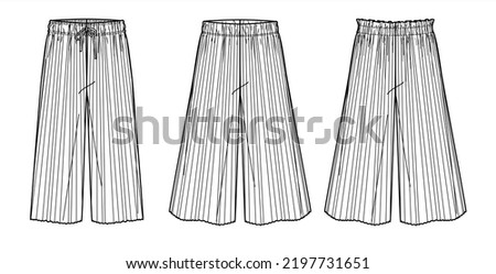 Vector yoga pants technical drawing, woman wide-leg sweatpants fashion CAD, template, sketch, flat. Jersey or woven fabric plisse trousers with front, back view, white color. Palazzo trousers drawing Royalty-Free Stock Photo #2197731651