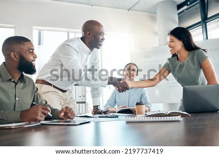 Handshake, office diversity and meeting welcome for company onboarding or partnership together. Introduction, agreement and negotiation with workforce people in corporate company boardroom. Royalty-Free Stock Photo #2197737419