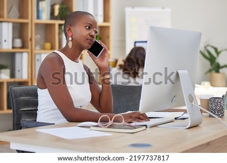 Work phone communication, working and web research of a black business woman multitasking. B2b and internet advertising strategy online planning of a digital marketing worker on a corporate call