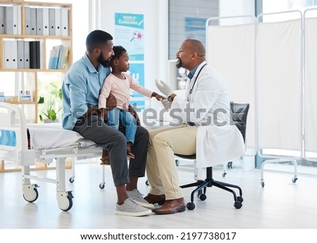 Pediatrician doctor consulting black kid patient for healthcare service, medical help and wellness check in hospital clinic. Friendly, trust and kind african family gp expert for healthy child advice Royalty-Free Stock Photo #2197738017