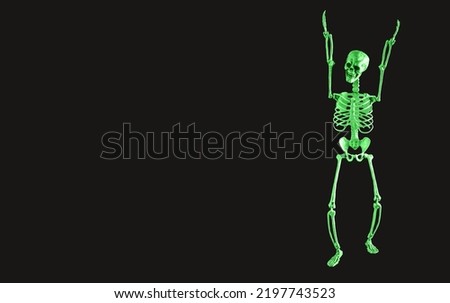 Black Halloween banner with funny dancing skeleton on black background with copy space. High quality photo