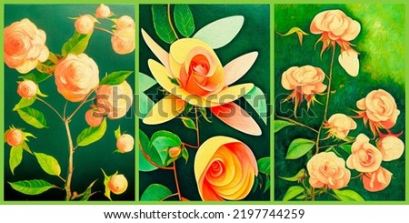 Rose drawing on a green background, an exquisite set of three images that complement each other. 3d rendering.