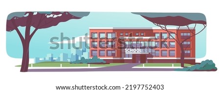 School building front view with green lawn. Cartoon modern school house exterior with cityscape, trees. Elementary children education, study, learning, city architecture flat vector illustration Royalty-Free Stock Photo #2197752403