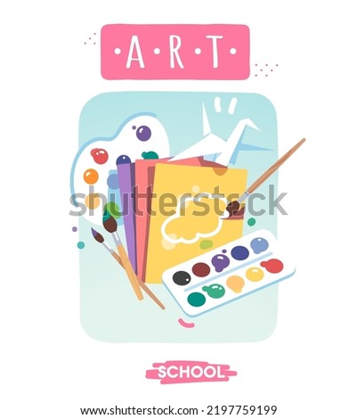 Art school subject supplies for education. Colorful watercolor paints, palette, brushes, paper educational equipment for painting learning lesson. Knowledge, study, teaching flat vector illus
