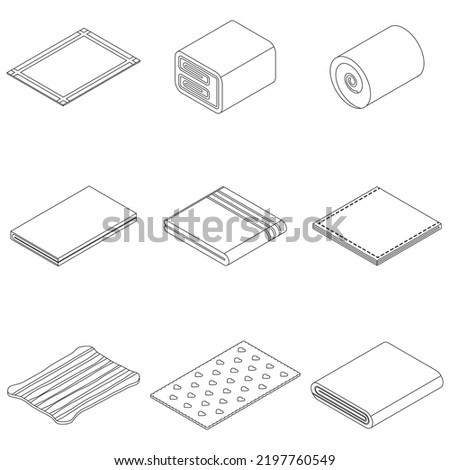 Blanket icons set. Isometric set of blanket vector icons outline thin lne isolated on white