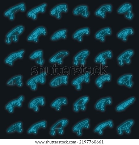 Fish bait icons set. Isometric set of fish bait vector icons neon color on black