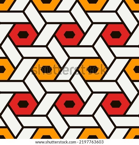 Hexagonal seamless pattern. Mosaic tiles. Geometrical wallpaper. Honeycomb print. Ethnic ornament illustration. Wicker background. Flooring image. Geometric backdrop. Vector art