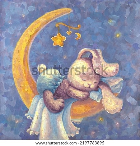 Baby bunny sleeps in a cradle on the moon, around the star. Artistic poster for a nursery, kindergarten on a blue background. Oil painting, canvas for children, newborns. Ccute rabbit resting