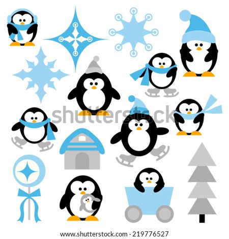 Winter penguins vector clip art in blue and black. Cute illustration.