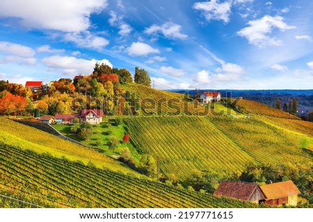 Stunning vineyards landscape in South Styria near Gamlitz. Autumn scene of grape hills in popular travell destination Eckberg. Location: Gamlitz, district of Leibnitz in Styria, Austria. Europe. Royalty-Free Stock Photo #2197771615