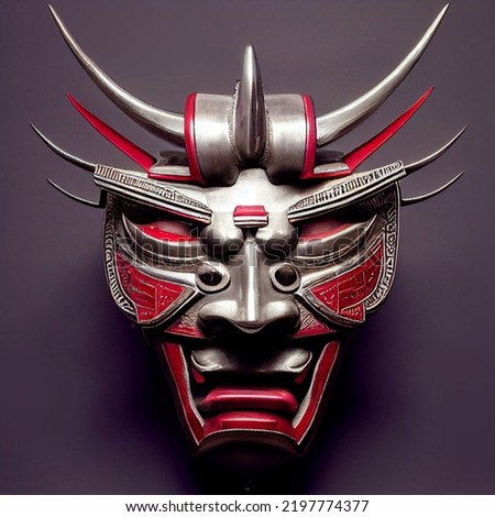 samurai Mask isolated on gradient background, silver, red, gold metal, bushido, samurai, Japanese, photo realistic Royalty-Free Stock Photo #2197774377