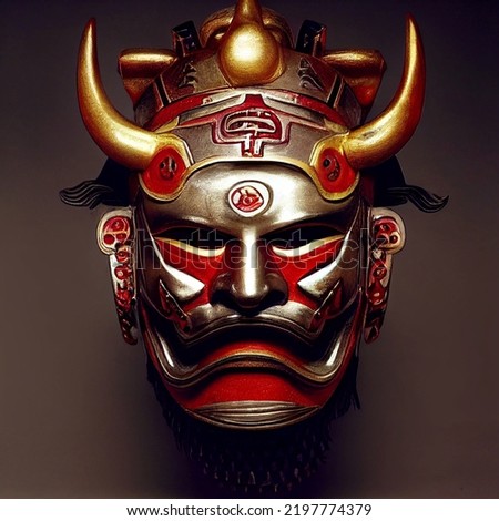 samurai Mask isolated on gradient background, silver, red, gold metal, bushido, samurai, Japanese, photo realistic Royalty-Free Stock Photo #2197774379