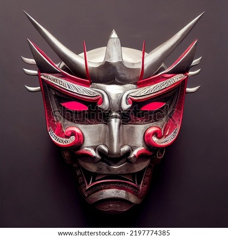 samurai Mask isolated on gradient background, silver, red, gold metal, bushido, samurai, Japanese, photo realistic Royalty-Free Stock Photo #2197774385