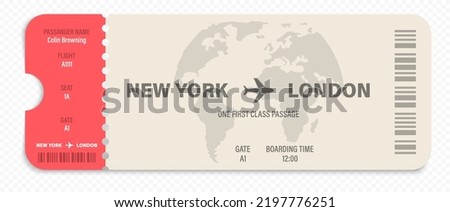 Plane ticket illustration. Airline ticket template. Flight boarding pass. Airway ticket. Airline coupon. Vector graphic EPS 10 Royalty-Free Stock Photo #2197776251