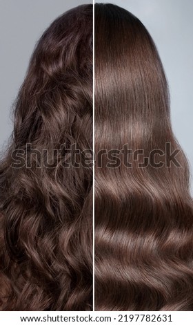 Woman before after curling her hair. Rear view, straight and curls. Royalty-Free Stock Photo #2197782631