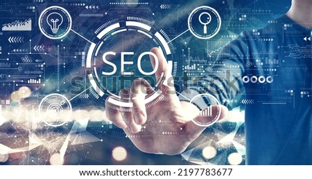 SEO concept with a man on blurred city background
