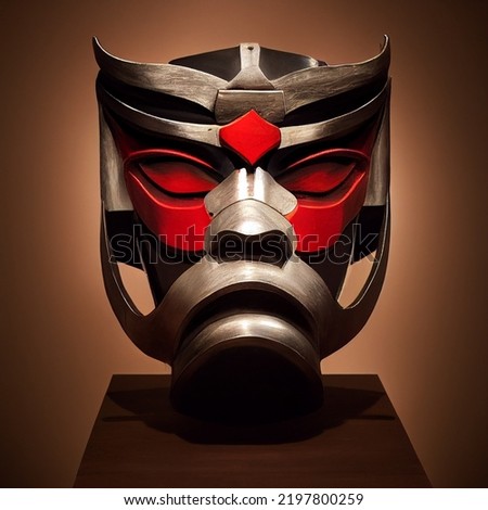 Akuma samurai mask, isolated, Silver, gold and red metal, wood and bone