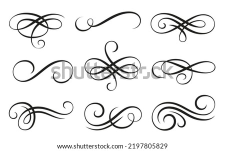 Calligraphic swirl ornament, line style flourishes set. Filigree vignette ornamental curls. Decorative design elements for menu, certificate diploma, wedding card, invatation, outline text divider