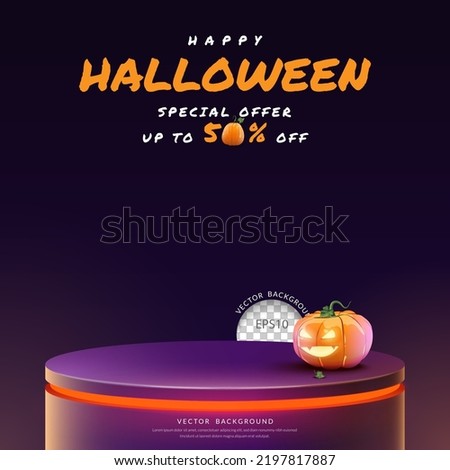 Halloween podium background, close up purple podium with pumpkin funny face for product display, Vector illustration