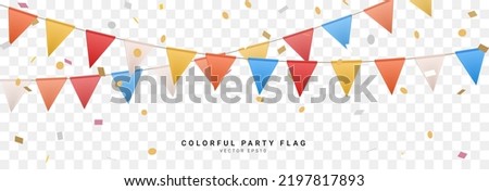 colorful 3D triangle flag party with confetti on transparent background, decoration element, Vector illustration Royalty-Free Stock Photo #2197817893