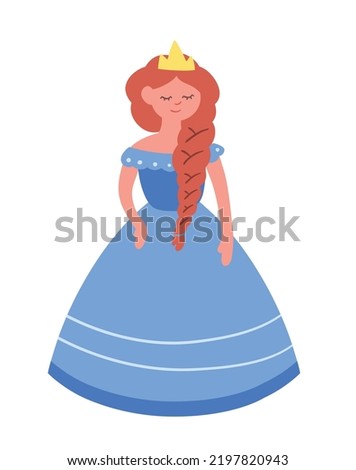 Young princess icon. Sticker for social media. Girl in blue dress and crown. Power, wealth and luxury. Fairytale, imagination and fantasy. Charming and cute character. Cartoon flat vector illustration