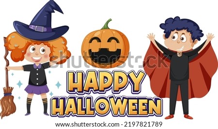 Happy Halloween logo with cartoon character illustration