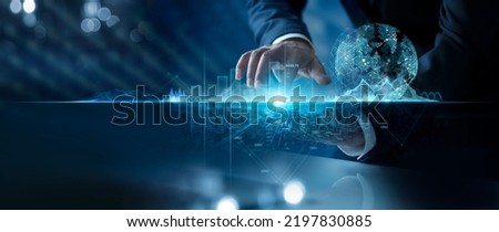 Global business, Investor touching of invest graph data growth on business network and investment risk analysis for return of success, strategy and planning investment, Banking, Finance and stock. Royalty-Free Stock Photo #2197830885