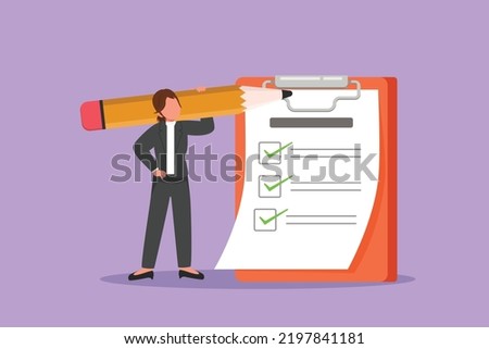 Graphic flat design drawing positive businesswoman with giant pencil on her shoulder nearby marked checklist on clipboard paper. Successful completion business tasks. Cartoon style vector illustration