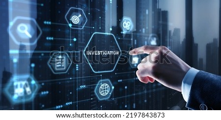 Investigation Business concept. Man presses investigations button on a virtual screen Royalty-Free Stock Photo #2197843873