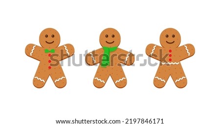 Three classic ginger bread man figures. Gingerbread Christmas cookies. Xmas cute biscuits. Noel holiday sweet dessert isolated on white background. Vector illustration.