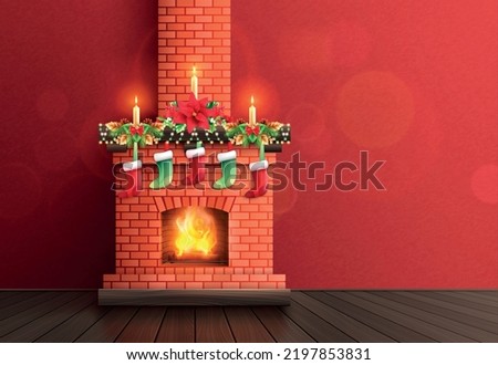 Fireplace realistic composition with indoor view of empty room with brickwall chimney decorated with festive socks vector illustration Royalty-Free Stock Photo #2197853831