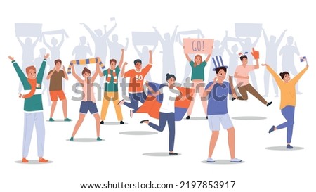 Crowd of cheering sport fans with flags posters scarves with people silhouettes in background flat composition vector illustration