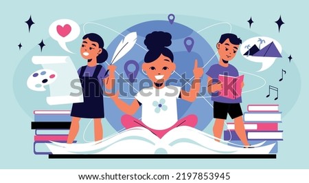 School subject concept with drawing literature and music symbols flat vector illustration