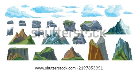 Flat set of isolated mountains clouds and stones of different size and shape vector illustration Royalty-Free Stock Photo #2197853951