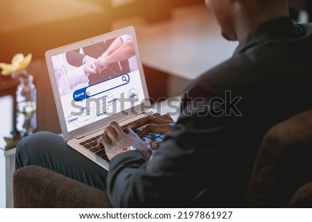 closeup search engine screen of business man using laptop computer