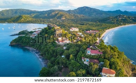 Playa Flamingo, Guanacaste, Costa Rica - Aerial Drone shot of Flamingo Beach North Ridge - Luxury Homes, Villas and Hotels with panoramic Ocean Views on Cliff on the Pacific Coast Royalty-Free Stock Photo #2197872169