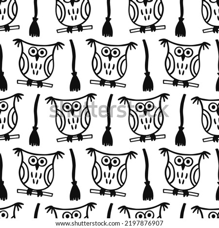 Halloween Cute Vector Seamless Pattern Texture. Cartoon Owl and Broomstick Hand drawn doodles design for baby clothes, nursery textile, wrapping paper. Halloween print, vintage repeat background