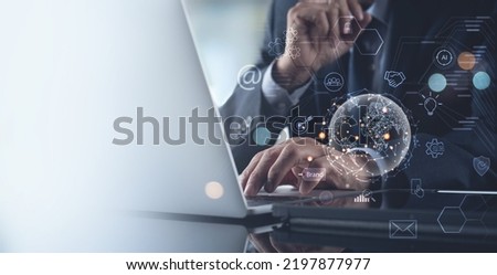 Digital marketing, global business technology, market plan, strategy and solution concept, Businessman working on laptop with internet connection, modern technology interface. Finance and investment Royalty-Free Stock Photo #2197877977